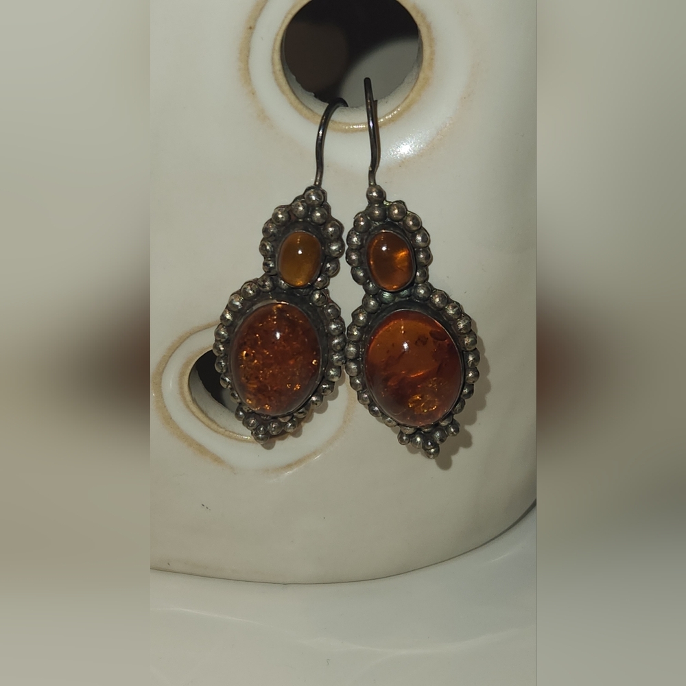 Sterling Silver Oval Cabochon Honey Amber Fish Hook Earrings. 11g, 1 3/4 "